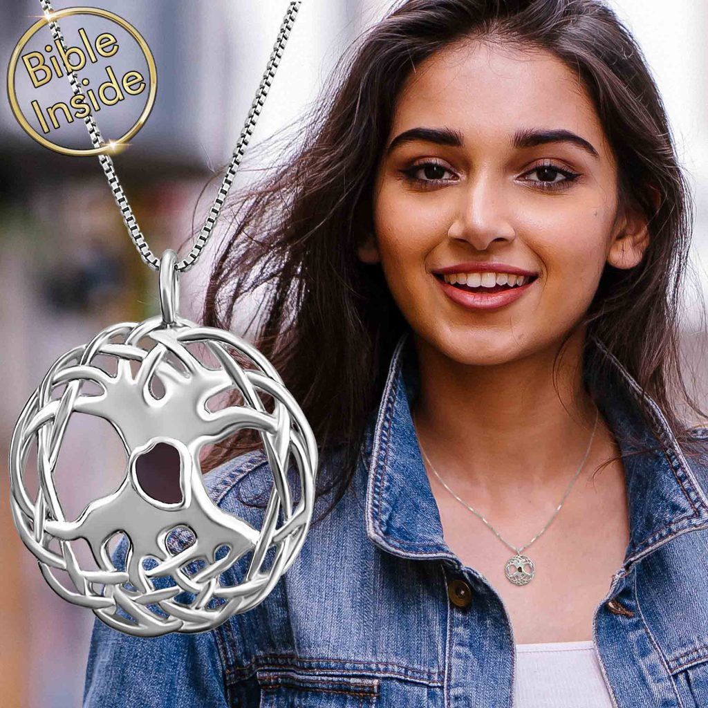 Women's tree of life necklace with Scripture Chip Inside Pendant by My Nano Jewelry